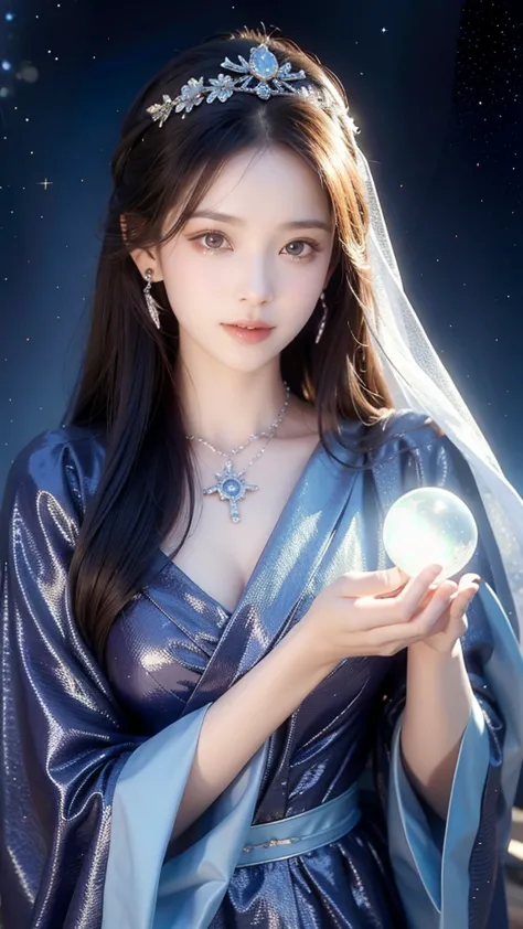 ((facing front:1.5)),female fortune teller. attractive, beautiful and mysterious. she wears a blue cloak and has distinct featur...