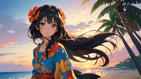 ((best quality)), ((masterpiece)), (detailed face and eyes), perfect face, long hair, black hair, wearing a muumuu, hawaii, flow...