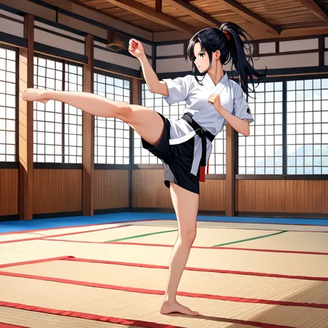 1girl, long black hair, wearing karate uniform with short sleeves, wearing sports shorts, kicking at viewer, kicking, high kick,...