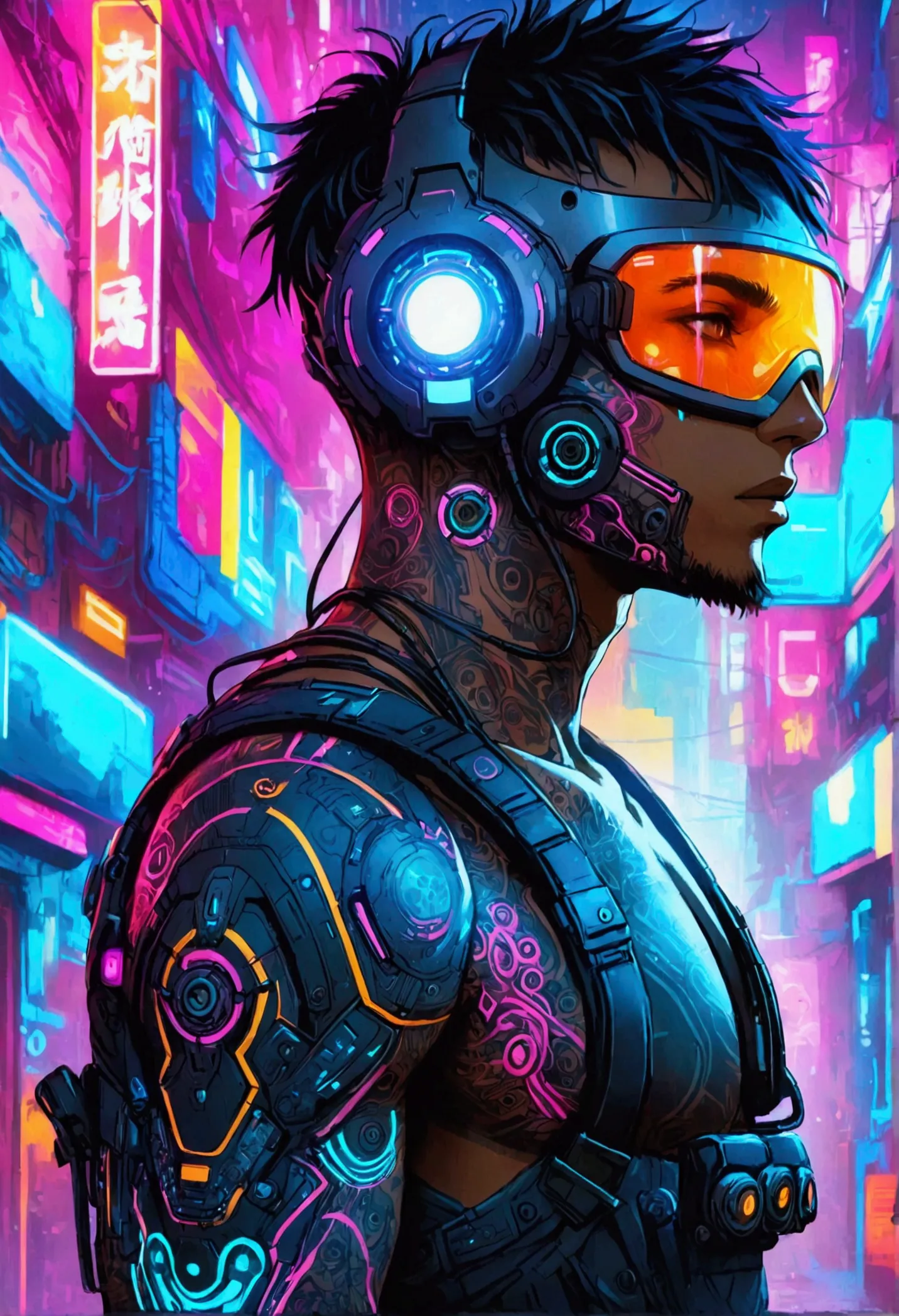 create a futuristic cyberpunk themed illustration featuring a shirtless man with cybernetic arms. let his chest and arms be ador...