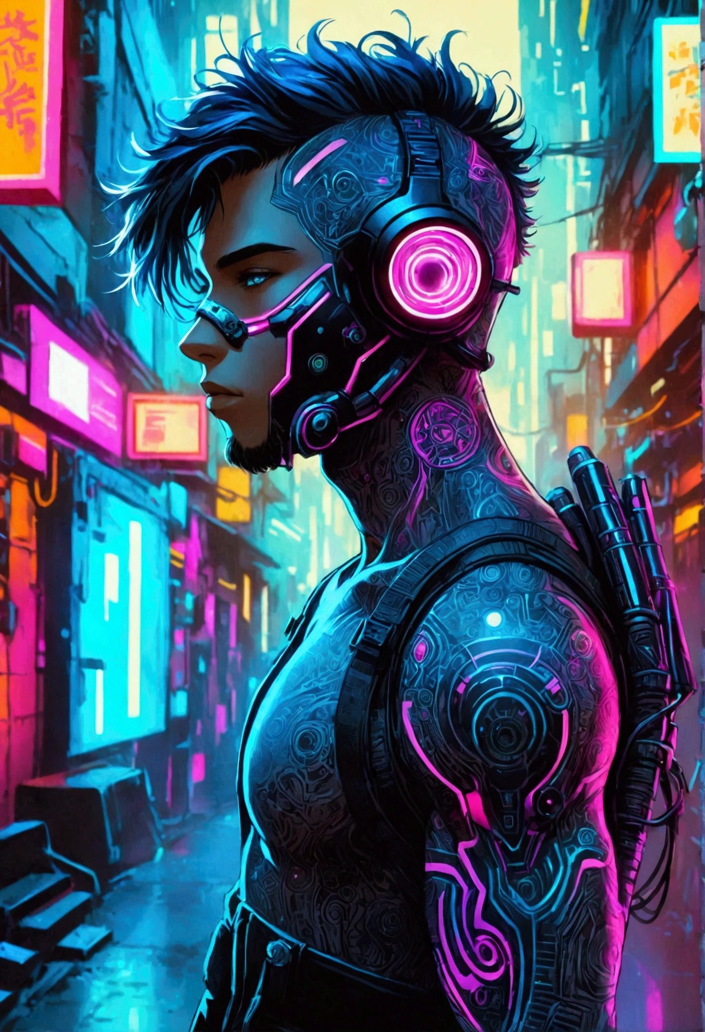 Create a futuristic Cyberpunk themed illustration featuring a shirtless man with cybernetic arms. Let his chest and arms be adorned with brightly illuminated tattoos in neon shades of blue, purple and pink. He's wearing black cargo pants peppered with neon details. His entire head and face are covered with a futuristic LED Techwear helmet, making him an enigmatic figure. Capture the gritty and high-tech nuances of the cyberpunk aesthetic.