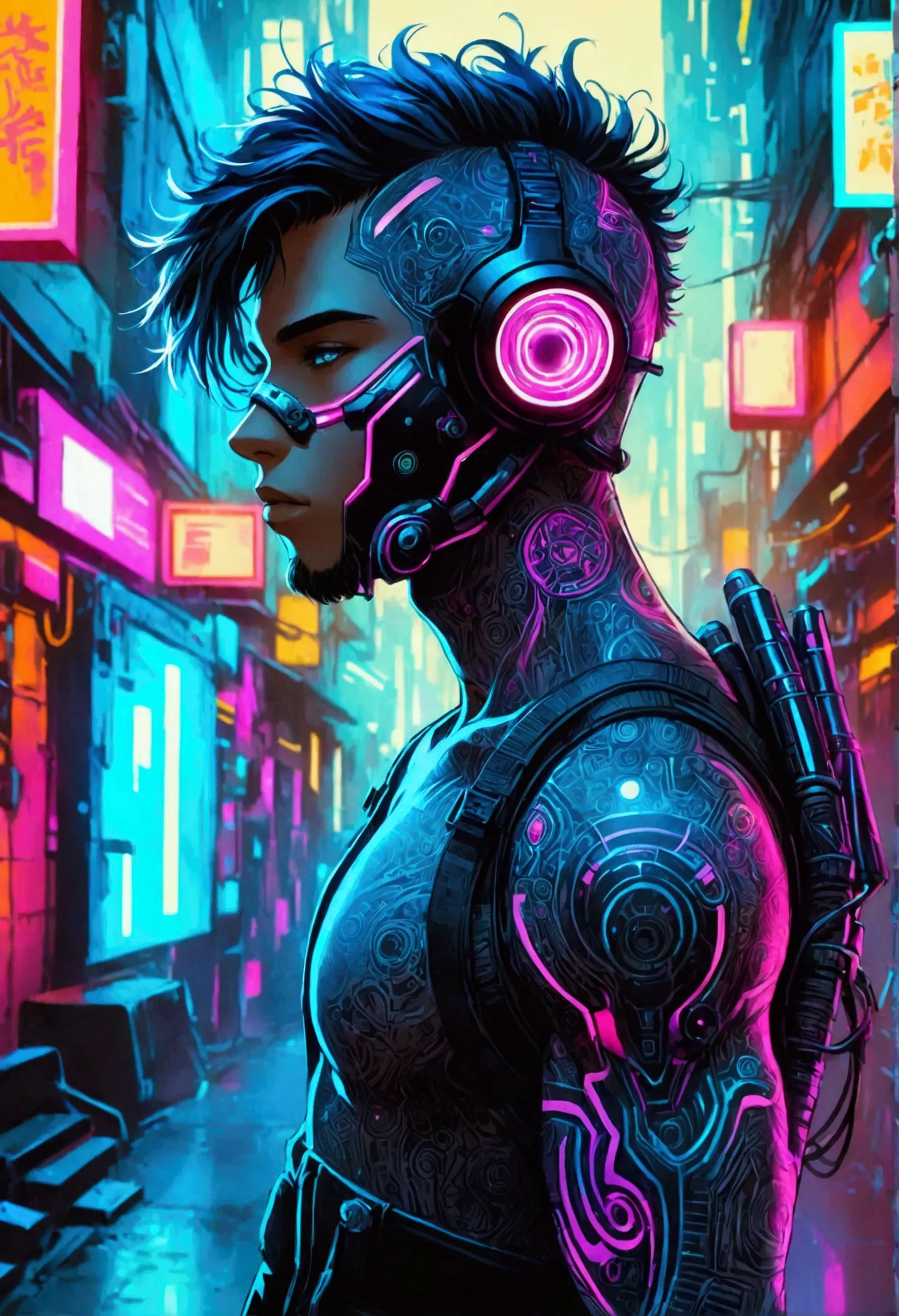 create a futuristic cyberpunk themed illustration featuring a shirtless man with cybernetic arms. let his chest and arms be ador...