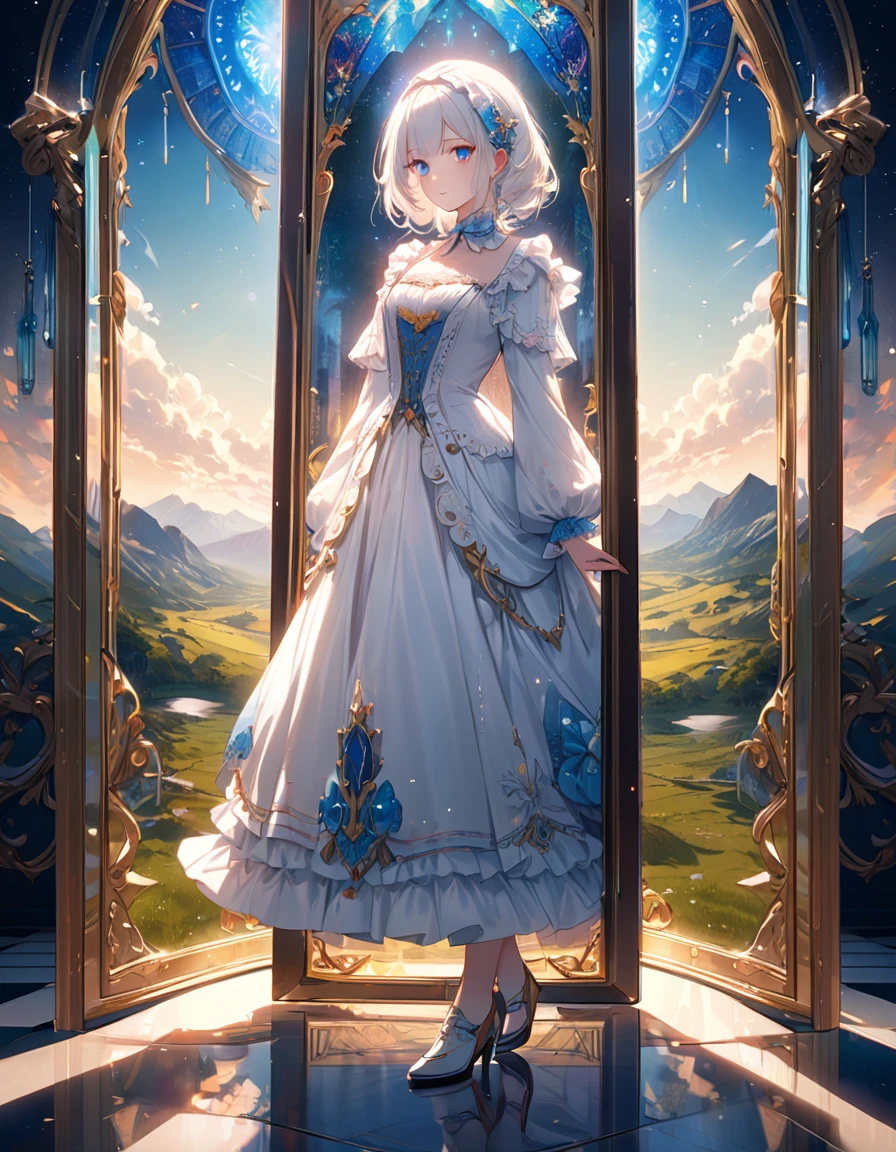 (top-quality),(masuter piece),Delicately drawn face,girl with a pretty face,beautiful detailed blue eyes,white lolita fashion,((beautiful detailed white costume)),(Beautiful silky white hair:1.2),pale skin,film lighting,mysterious,illusion,(full body),an infinite hall of mirrors,facing yourself in the mirror,a landscape that reflects endlessly,like a kaleidoscope,anoter one views from inside the mirror