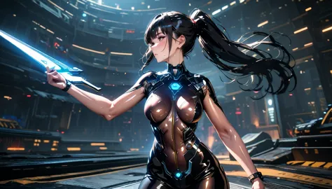 raven from stellar balde, 1 woman，masterpiece, 8k quality, sexy sci-fi girl,dynamic sexual pose, black hair, ponytail, shiny tig...