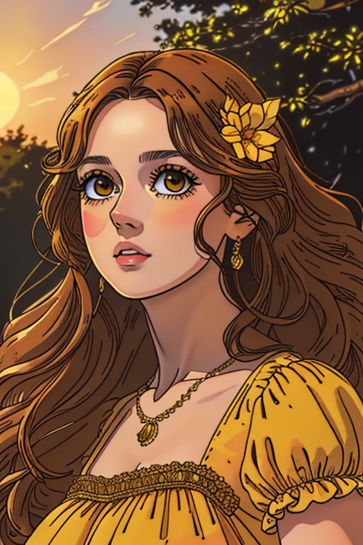 a beautiful woman with amber eyes, chocolate curly hair, wearing a yellow dress, graceful, sweet gaze, (best quality,4k,8k,highres,masterpiece:1.2),ultra-detailed,(realistic,photorealistic,photo-realistic:1.37),extremely detailed eyes and face, longeyelashes, intricate details, warm lighting, soft colors, golden hour, portrait, cinematic, digital art, illustration, sunlight 