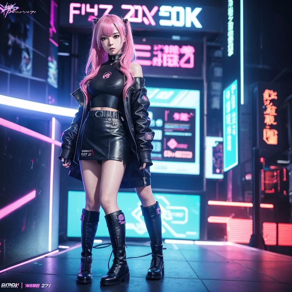 anime girl in a short skirt and boots posing in front of a wall of monitors, cyber punk setting, inspired by Leng Mei, e - girl, e-girl, 2b, 2 b, in cyberpunk style, cyberpunk with neon lighting, cyberpunk 2 0 y. o model girl, kda, in cyber punk 2077, y 2 k cybercore