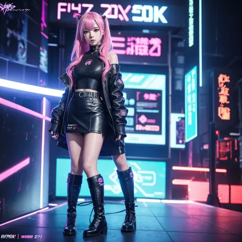 anime girl in a short skirt and boots posing in front of a wall of monitors, cyber punk setting, inspired by leng mei, e - girl,...