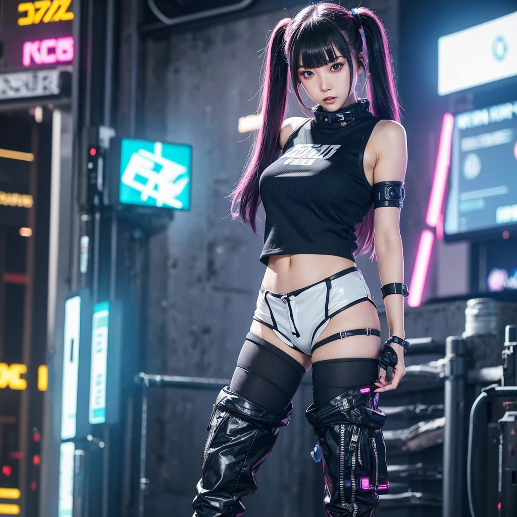 anime girl in a short skirt and boots posing in front of a wall of monitors, cyber punk setting, inspired by Leng Mei, e - girl, e-girl, 2b, 2 b, in cyberpunk style, cyberpunk with neon lighting, cyberpunk 2 0 y. o model girl, kda, in cyber punk 2077, y 2 k cybercore