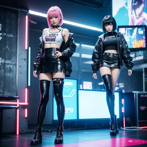 anime girl in a short skirt and boots posing in front of a wall of monitors, cyber punk setting, inspired by leng mei, e - girl,...