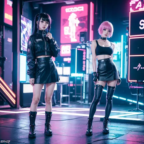 anime girl in a short skirt and boots posing in front of a wall of monitors, cyber punk setting, inspired by leng mei, e - girl,...