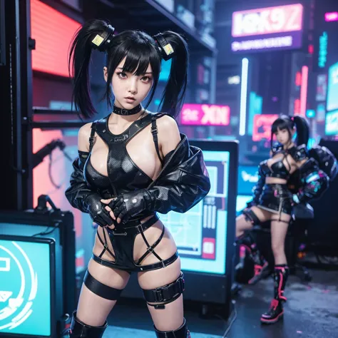 anime girl in a short skirt and boots posing in front of a wall of monitors, cyber punk setting, inspired by leng mei, e - girl,...