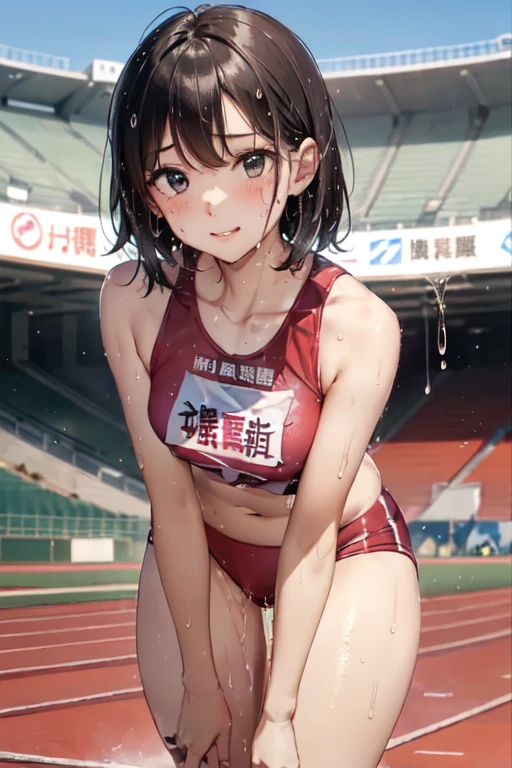 NSFW、very cute and beautiful girl,Very thin body、Model body type、(Highly detailed beautiful face), (((全身にSweatをかく))),(((Sweat)))、(((Sweat臭い)))、(((Body odor)))、blush,((Black Hair、short hair、Pink highlights on the inside)),((Gal、Medium chest)),((Track and field athlete uniforms)),((Low Angle、Dynamic Angle)), ((outside)), (Highest quality,masterpiece:1.0),Very detailed,32K,8k resolution, Intricate details,Movie Scenes,Detailed Background,alone,Dynamic Angle,(((Love juice drips from the crotch)))、(Athletics Stadium)、((100m walk、Just before the start、Crouching start position))