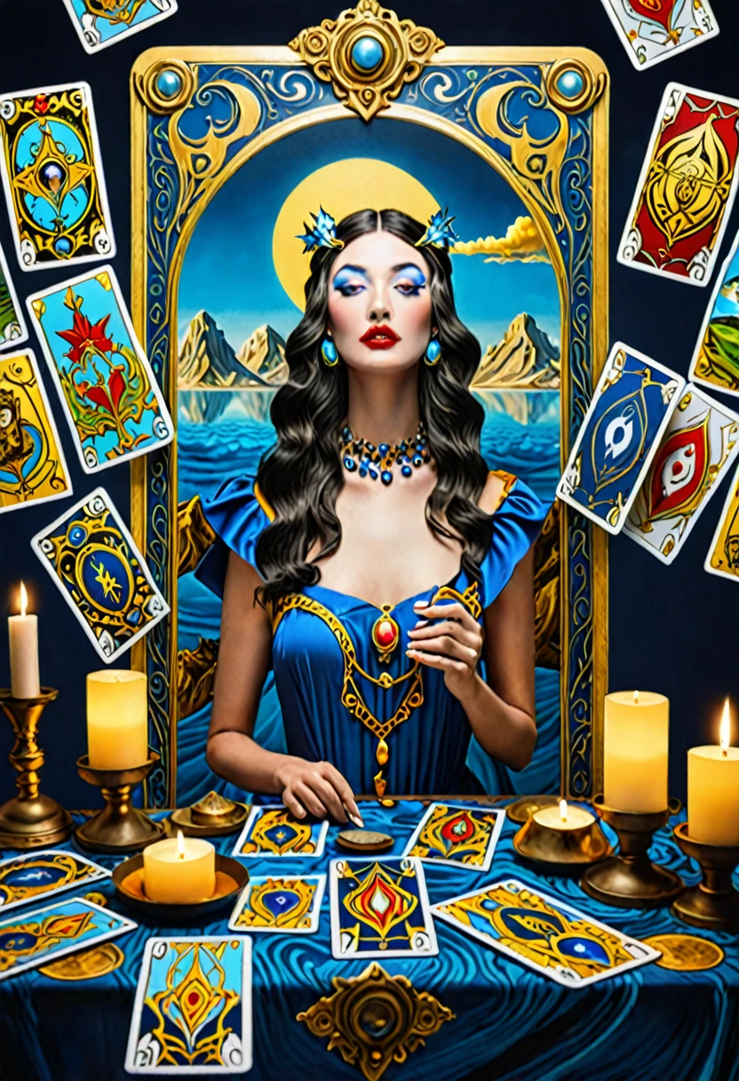 Tarot Cards、Tarot Secrets、Dynamic lighting、Super detailed、Exquisitely detailed、Popular Splash Art on Artstation、Tricolor、Unreal Engine 5、Volumetric lighting、Surrealism、Salvador Dali、Matte background、Melted Canvas Oil Painting