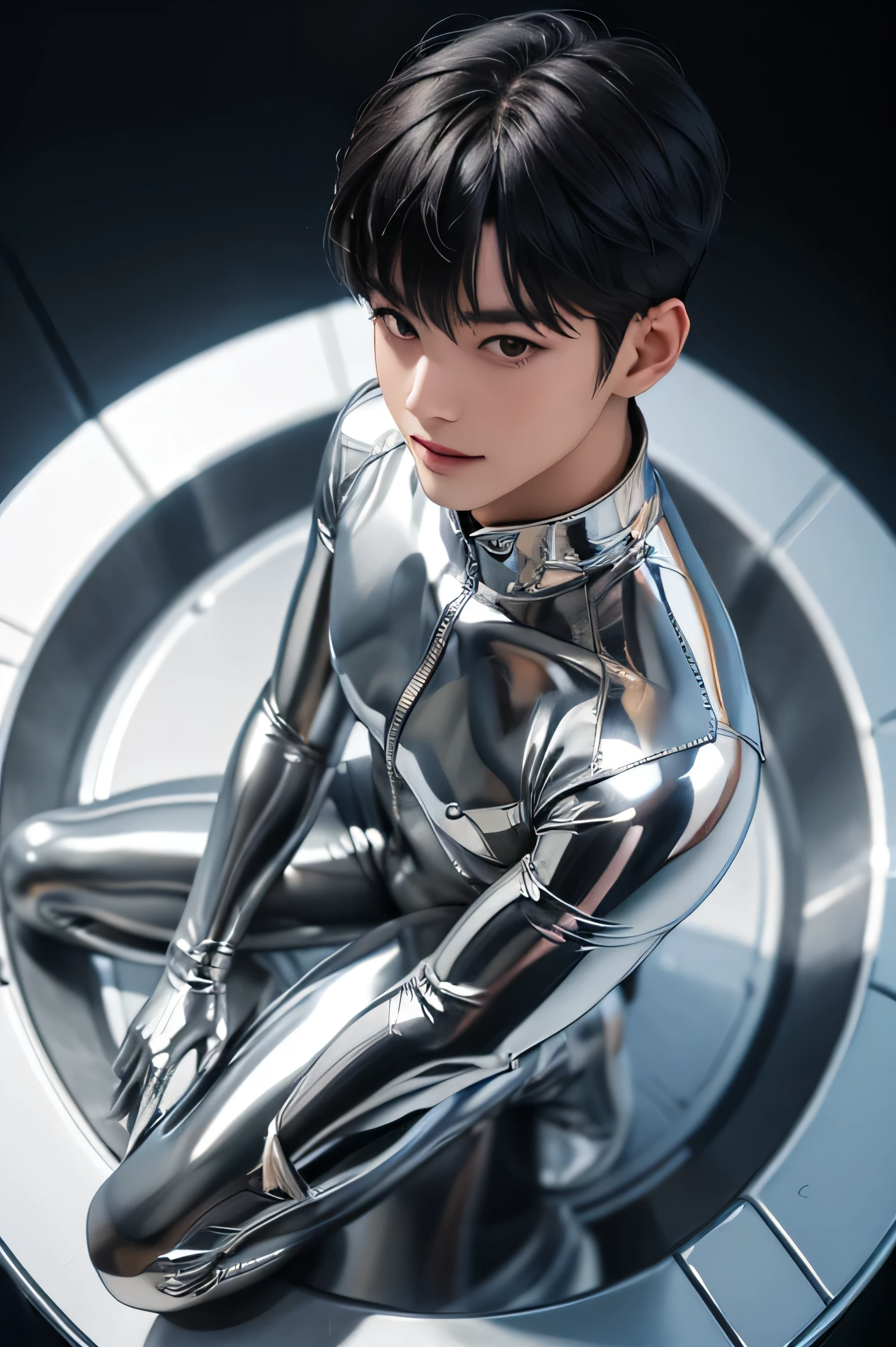 Japanese menイケMeンモデル　　22 years old　smile　　　Black Hair　　Short cut　Short bangs　From KaMeRa&#39;s perspective　　　　　Shiny full-body silver suit　　　Shiny silver latex suit　Me　　From KaMeRa&#39;s perspective　future world　　　　　Upper body close-up　Face up, dynamic pose　Japanese menイケMeンモデル　　22 years old　smile　　　Black Hair　　Short cut　Short bangs　　Japanese men　Japanese men