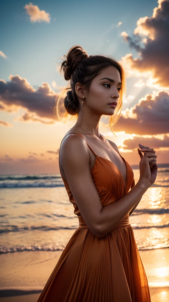 25 years old, upper body, perfect body, perfect hands, orange dress, drill hair, hair bun, sunset, white, Surrealism, Renaissance, cinematic lighting, depth of field, god rays, drop shadow, Fujicolor, first-person view, Wide-Angle, Surrealism, UHD, retina, masterpiece, accurate, textured skin, high details, highres, 16k