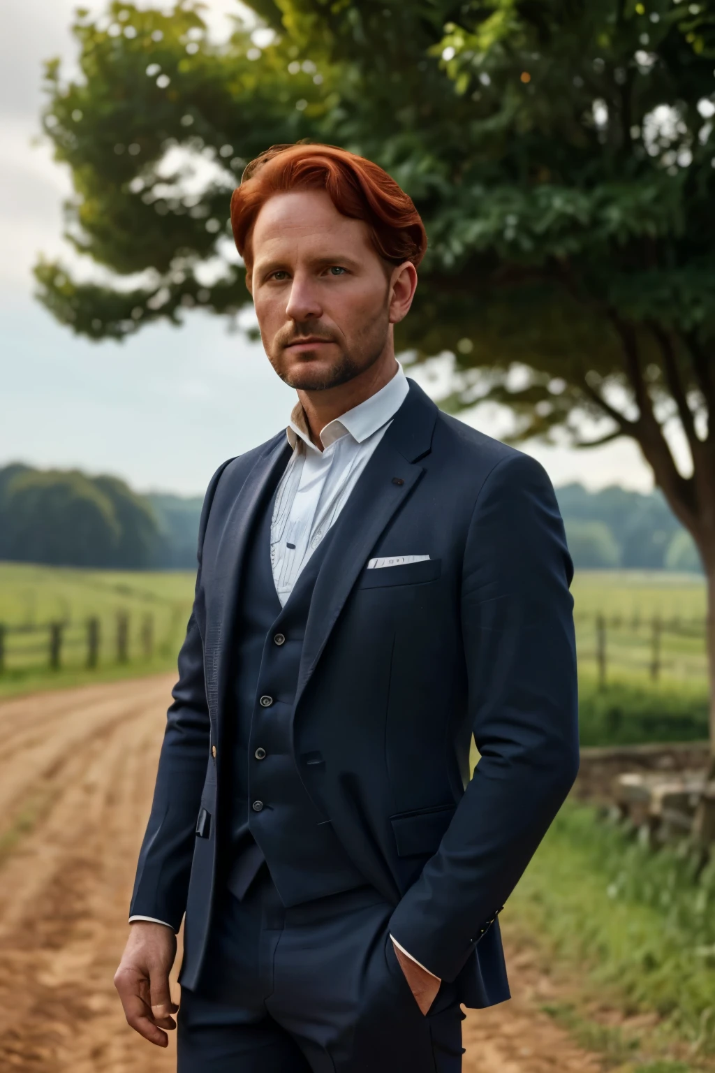 Ipswich, 2024. A young ((((37-year-old)) Baldwin de Clairmont)), roman, in front of a farm, serious and scary, ((((clothings from the 2020s, suit)))), ((dark-redhead hairstyle of the 2020s))