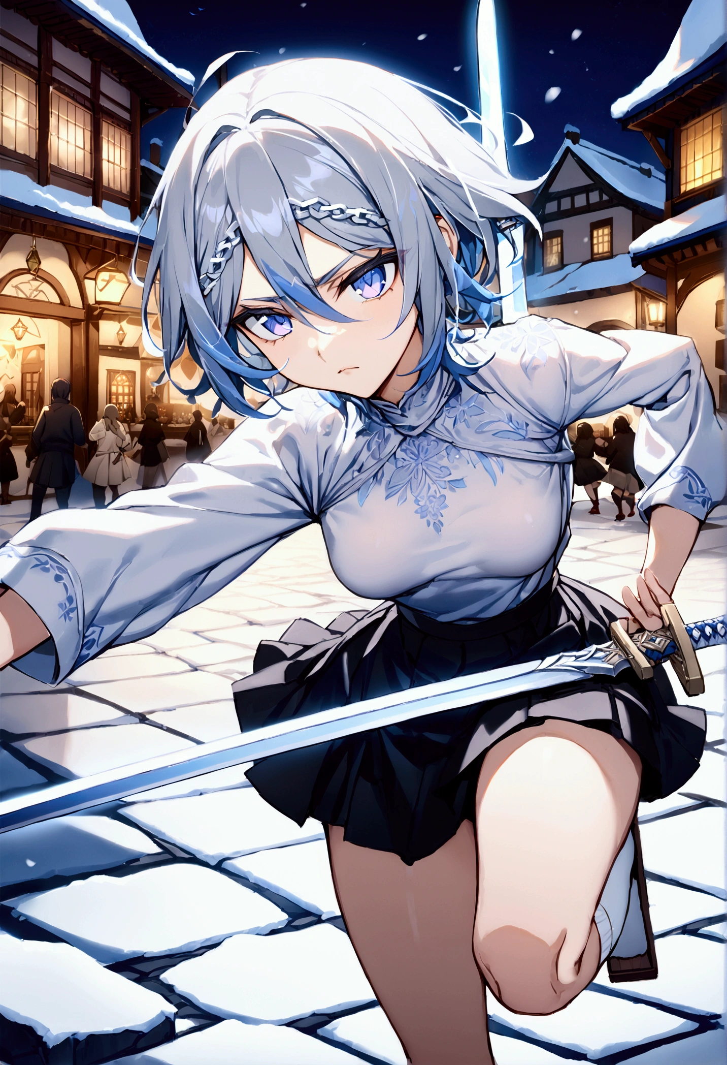 ((Highest quality)),((Very detailed)),(((Has two swords))),((Pale-white shining sword,Two-Way)), ((White chain between the swords)),((Town square at night,)), ((Blue mesh on hair)),masterpiece, Detailed face,Beautiful Face, Top view, (Fighting), ((ice,snow)),(Long-legged white shirt,Short black skirt,White floral pattern on skirt,White socks,geta),((One girl)),((Blue Eyes,Dynamic pose,A slightly fluffy shirt)) , Rukia, Gray Hair, short hair, Hair between the eyes, Purple eyes, Small breasts,cold