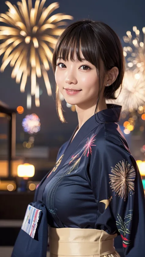 japanese girl looking at the viewer, posing with a smile (highest quality, masterpiece))), wearing navy yukata、high resolution, ...