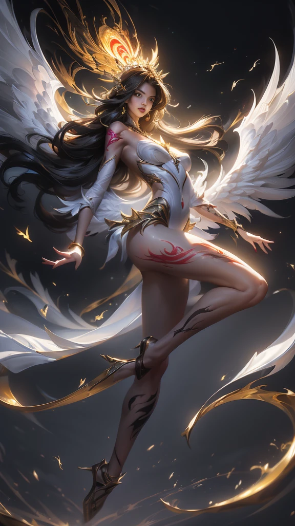 ((Perfect dynamic composition:1.7, Detailed tattoos all over the body:1.6, Wear exquisite jewelry:1.6)), Highly detailed skin and facial features:1.3, Details of the limbs, wings on shoulder, Angel wings and devil wings, white wings and black wings, (Realistic picture, highest resolution, 16ก), (A demon god with wide wings and enormous power on his shoulders..., Twelve wings on the shoulders., black bat wings:1.3 white angel wings:1.5), 6 angel wings, 6 devil wings, (Beautiful girl with two meter long hair, shiny black hairงาม, Smooth white skin, Lips are very red.), ((stand, already)), (big breasts, หัวBig tits), (gigantic breast, breast augmentation, Breast 400 cc., small waist, hips raised, small thighs, Long legs), (dynamic poses), (Armor that slightly conceals the body), Separate theme, (Angel wings and devil wings), floating in the air above the groundดิน, background darkness, Embraced with twelve wings, The horns that grow from the head are like a crown., He who has light, wears little armor, There is power coming out of the body., sparkling wings, white light black light, amazing wings, beautiful gesture, 8K resolution, Resolution 4000 x 2250 pixels, beautiful gesture, Angel wings and devil wings, (Realistic picture, highest resolution, 16K), (A demon god with wide wings and enormous power on his shoulders.., Twelve wings on the shoulders., black bat wings:1.3 white angel wings:1.5), Angel wings and devil wings, white wings and black wings,, Have wings 100 Have wings 1000, Angel wings and bat wings, wings inserted between wings, 12 wings, 6 angel wings, 6 bat wings, Angel wings and devil wings, white wings and black wings,, (Beautiful girl with two meter long hair, shiny black hair, Smooth white skin, Lips are very red.), very long hair, ((stand, toe)), (big breastsโต, หัวBig tits), (gigantic breast, small waist, hips raised, small thighs, Long legs), (dynamic poses), (black and white leotard, There are beautiful patterns., Decorated with gold embroidery., Show off your chest), Separate theme, (Angel Wings and Demon Lord Wings), floating in the air above the ground, background darkness, Embraced with twelve wings, He is white and black., A rainbow glow on the back of the head, The most busty breasts, Big tits, universe backdrop, dynamic gesture, Drive the skin, Smooth white skin, (The wings are in layers, alternating with white, alternating with black. The wings are alternating with layers of white, alternating with layers of black, and alternating again.), gold pattern set