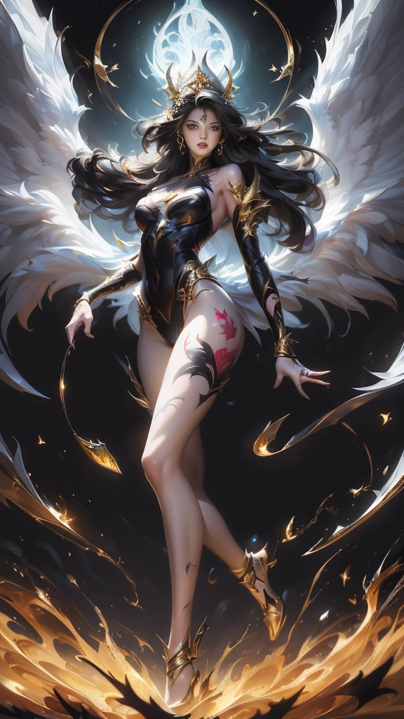 ((Perfect dynamic composition:1.7, Detailed tattoos all over the body:1.6, Wear exquisite jewelry:1.6)), Highly detailed skin and facial features:1.3, Details of the limbs, wings on shoulder, Angel wings and devil wings, white wings and black wings, (Realistic picture, highest resolution, 16ก), (A demon god with wide wings and enormous power on his shoulders..., Twelve wings on the shoulders., black bat wings:1.3 white angel wings:1.5), 6 angel wings, 6 devil wings, (Beautiful girl with two meter long hair, shiny black hairงาม, Smooth white skin, Lips are very red.), ((stand, already)), (big breasts, หัวBig tits), (gigantic breast, breast augmentation, Breast 400 cc., small waist, hips raised, small thighs, Long legs), (dynamic poses), (Armor that slightly conceals the body), Separate theme, (Angel wings and devil wings), floating in the air above the groundดิน, background darkness, Embraced with twelve wings, The horns that grow from the head are like a crown., He who has light, wears little armor, There is power coming out of the body., sparkling wings, white light black light, amazing wings, beautiful gesture, 8K resolution, Resolution 4000 x 2250 pixels, beautiful gesture, Angel wings and devil wings, (Realistic picture, highest resolution, 16K), (A demon god with wide wings and enormous power on his shoulders.., Twelve wings on the shoulders., black bat wings:1.3 white angel wings:1.5), Angel wings and devil wings, white wings and black wings,, Have wings 100 Have wings 1000, Angel wings and bat wings, wings inserted between wings, 12 wings, 6 angel wings, 6 bat wings, Angel wings and devil wings, white wings and black wings,, (Beautiful girl with two meter long hair, shiny black hair, Smooth white skin, Lips are very red.), very long hair, ((stand, toe)), (big breastsโต, หัวBig tits), (gigantic breast, small waist, hips raised, small thighs, Long legs), (dynamic poses), (black and white leotard, There are beautiful patterns., Decorated with gold embroidery., Show off your chest), Separate theme, (Angel Wings and Demon Lord Wings), floating in the air above the ground, background darkness, Embraced with twelve wings, He is white and black., A rainbow glow on the back of the head, The most busty breasts, Big tits, universe backdrop, dynamic gesture, Drive the skin, Smooth white skin, (The wings are in layers, alternating with white, alternating with black. The wings are alternating with layers of white, alternating with layers of black, and alternating again.), gold pattern set