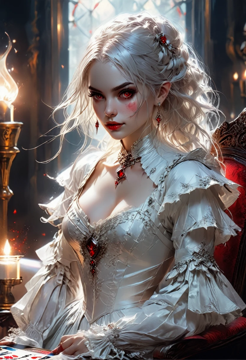 a portrait of a vampire playing poker game of cards, holding cards ((cards not shown:1.5)) the cards are dripping blood, an exquisite beautiful vampire, goth vampire, ((dynamic hair color: 1.5)), white pale skin, some blood veins are seen on the skin, red lips, red eyes, glowing eyes, wearing goth dress, silk dress, there are diamonds on the dress, earing a choker studded with a red diamond, ((vampire fangs:1.5)), she sits near a poker table in a dark fantasy room, there is a playing table, torch light,  vibrant, Ultra-high resolution, High Contrast, (masterpiece:1.5), highest quality, Best aesthetics), best details, best quality, highres, ultra wide angle, 16k, [ultra detailed], masterpiece, best quality, (extremely detailed: 1.5), rpg portrait, NRART