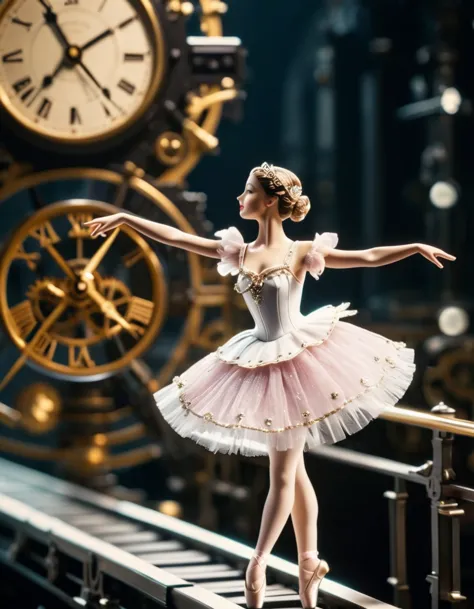 photo time art, toy ballerina dancing on a rail, automate, ballet costumes, clock mechanism, essential details, 50mm with attent...