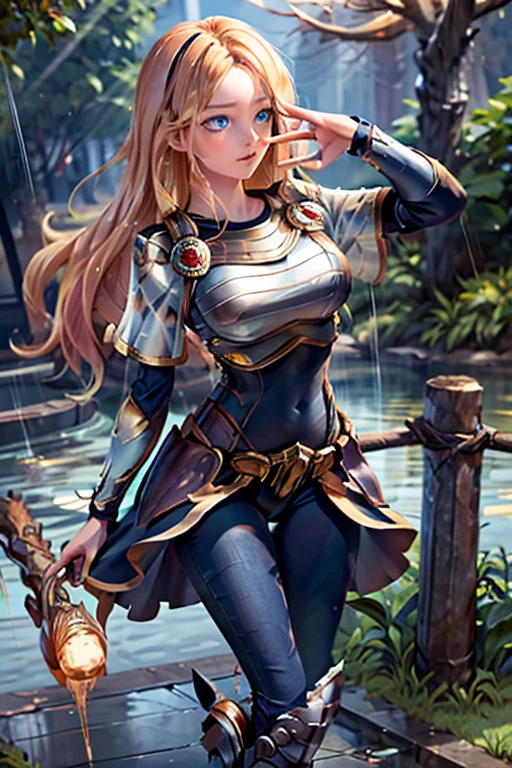 Modern anime-style digital painting of a 25-year-old female teacher in a frontal view and action pose during an autumn day, soaked by rain with dramatic lightning in the background. She is 165 cm tall, with measurements of 91-61-81 cm, and has waist-length, wavy blond hair with V bangs and bright blue eyes. Emitting a golden aura, she stands dynamically with one leg raised on a fallen log. She wears a ruffled white blouse, a black corset, skinny tight blue jeans, and high black boots, all drenched by the rain. The scene is set against rich autumn foliage and vivid lightning, enhancing the intense and mystical atmosphere.