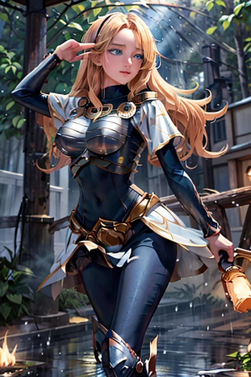 Modern anime-style digital painting of a 25-year-old female teacher in a frontal view and action pose during an autumn day, soaked by rain with dramatic lightning in the background. She is 165 cm tall, with measurements of 91-61-81 cm, and has waist-length, wavy blond hair with V bangs and bright blue eyes. Emitting a golden aura, she stands dynamically with one leg raised on a fallen log. She wears a ruffled white blouse, a black corset, skinny tight blue jeans, and high black boots, all drenched by the rain. The scene is set against rich autumn foliage and vivid lightning, enhancing the intense and mystical atmosphere.