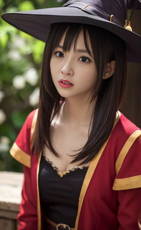 live-action portrait of megumin、characters of blessing this wonderful world、depicted as a real person、whole body、black hair、shor...