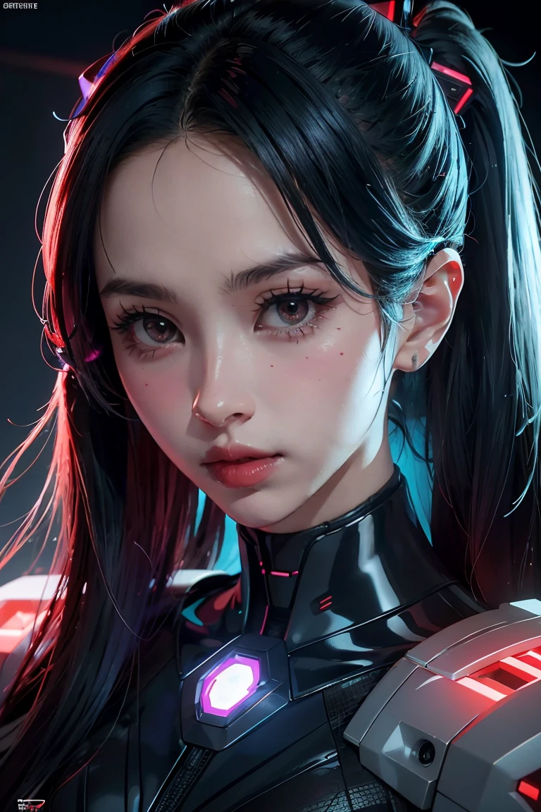 tmasterpiece,Best quality at best,A high resolution,8K,(portrait),(Close up of avatar),(RAW photogr),real photograph,digital photography,(cyberpunk queen),20 year old girl,long ponytail hairstyle,By bangs,(Black and blue gradient hair),(Glowing red eyes),Devil Eyes,Serious and charming,Mechanical body,Green glowing electronic components,Red wires and tubes connect the body,Complex purple electronic texture,Weird technology symbols,Black round forehead symbol,Luxurious mechanical crown,Keep your mouth shut,(Mechanical Woman),Photo pose,cyber punk perssonage,Future Style,gray world background,oc render reflection texture