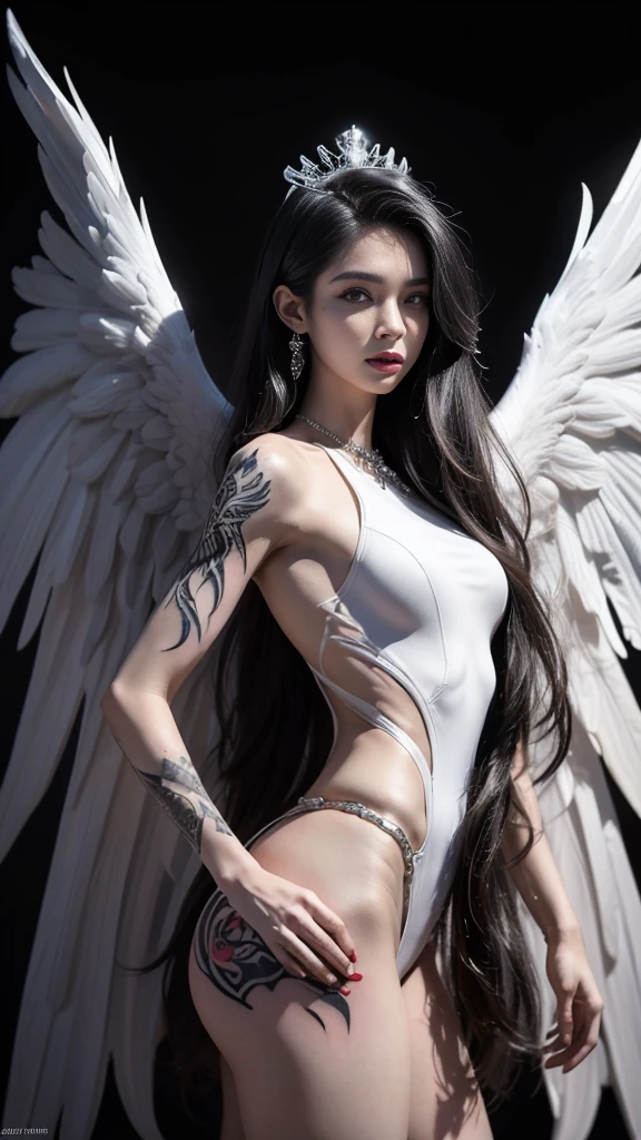 ((Perfect dynamic composition:1.7, Detailed tattoos all over the body:1.6, Wear exquisite jewelry:1.6)), Highly detailed skin and facial features:1.3, Details of the limbs, wings on shoulder, Angel wings and devil wings, white wings and black wings, (Realistic picture, highest resolution, 16ก), (A demon god with wide wings and enormous power on his shoulders..., Twelve wings on the shoulders., black bat wings:1.3 white angel wings:1.5), 6 angel wings, 6 devil wings, (Beautiful girl with two meter long hair, shiny black hairงาม, Smooth white skin, Lips are very red.), ((stand, already)), (big breasts, หัวBig tits), (gigantic breast, breast augmentation, Breast 400 cc., small waist, hips raised, small thighs, Long legs), (dynamic poses), (Armor that slightly conceals the body), Separate theme, (Angel wings and devil wings), floating in the air above the groundดิน, background darkness, Embraced with twelve wings, The horns that grow from the head are like a crown., He who has light, wears little armor, There is power coming out of the body., sparkling wings, white light black light, amazing wings, beautiful gesture, 8K resolution, Resolution 4000 x 2250 pixels, beautiful gesture, Angel wings and devil wings, (Realistic picture, highest resolution, 16K), (A demon god with wide wings and enormous power on his shoulders.., Twelve wings on the shoulders., black bat wings:1.3 white angel wings:1.5), Angel wings and devil wings, white wings and black wings,, Have wings 100 Have wings 1000, Angel wings and bat wings, wings inserted between wings, 12 wings, 6 angel wings, 6 bat wings, Angel wings and devil wings, white wings and black wings,, (Beautiful girl with two meter long hair, shiny black hair, Smooth white skin, Lips are very red.), very long hair, ((stand, toe)), (big breastsโต, หัวBig tits), (gigantic breast, small waist, hips raised, small thighs, Long legs), (dynamic poses), (black and white leotard, There are beautiful patterns., Decorated with gold embroidery., Show off your chest), Separate theme, (Angel Wings and Demon Lord Wings), floating in the air above the ground, background darkness, Embraced with twelve wings, He is white and black., A rainbow glow on the back of the head, The most busty breasts, Big tits, universe backdrop, dynamic gesture, Drive the skin, Smooth white skin, (The wings are in layers, alternating with white, alternating with black. The wings are alternating with layers of white, alternating with layers of black, and alternating again.), gold pattern set