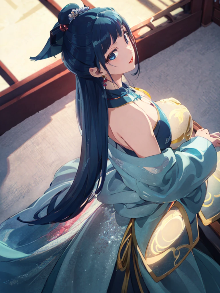 (((Highest quality､Ultra-high resolution､masterpiece: 1.2))), Highly detailed anime art style,Teen Style, (Off the shoulder,Earrings, The lavish interior of the Tang Dynasty harem), Detailed green hair, Detailed blue eyes, Symmetrical Eyes、Big complicated hairstyle, Long Hair,Sparkling eyes,like々Shii,hair accessory, チャイニーズEarrings着用, She has a hairpin on her head、Holding a kissel in his right hand, Slightly blunt bangs, Detailed lighting, Bright colors, Looking at the audience, Shot from 45 degrees above､Look forward､Stand in the center of the image､Cowboy Shot,Cat､Curvaceous､Very big boobs､Big Ass､High-end kimono､Traditional Tang Dynasty Kimono、Deep red lipstick､Courtesan-style costume、