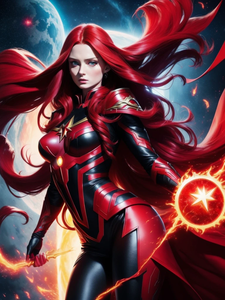 Scarlet Witch and Jean Gray Black Phoenix Fusion, Sexy Body Long Red Hair, Full Body, Power of Creation and Destruction, Flying, White Costume with Red, Phoenix Symbol in the Middle, Red Crown, Flaming Eyes, Cosmic Entity, Powerful, Beautiful Face , Destroyed planets in the background,  SOPHIE TURNER