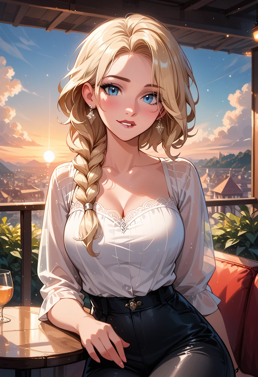 score_9, score_8_up, score_7_up, score_6_up, cinematic film still, 1girl, mature elsa (blonde hair, braid:1.1), tight_black_leather_pants, white_blouse, in a beautiful restaurant, on the balcony, (cinematic lighting:1.2),, (sunset:1.2), shallow depth of field, vignette, highly detailed, high budget, bokeh, cinemascope, moody, epic, gorgeous, film grain, grainy, CONCEPT_PovDating_ownwaifu, pov dating, pov across table, looking at viewer, upper body, sitting, biting lip, aroused.