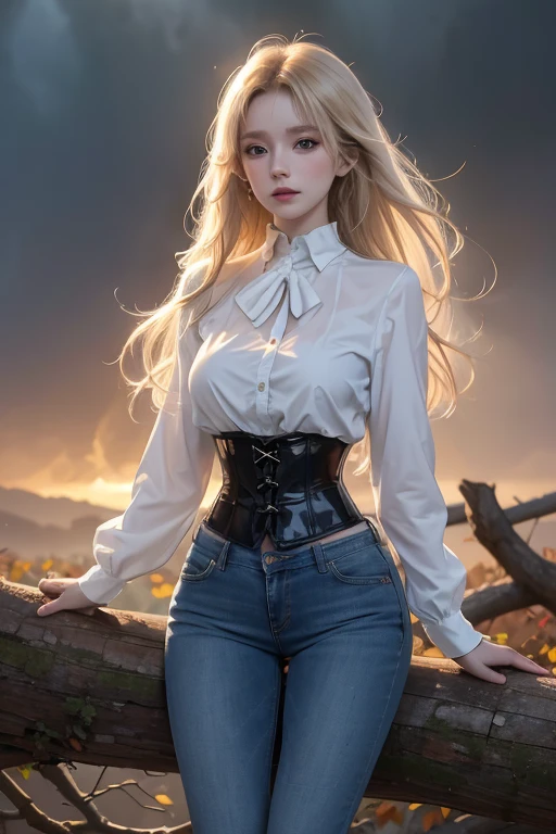 Modern anime-style digital painting of a 25-year-old female teacher in a frontal view and action pose during an autumn day, soaked by rain with dramatic lightning in the background. She is 165 cm tall, with measurements of 91-61-81 cm, and has waist-length, wavy blond hair with V bangs and bright blue eyes. Emitting a golden aura, she stands dynamically with one leg raised on a fallen log. She wears a ruffled white blouse, a black corset, skinny tight blue jeans, and high black boots, all drenched by the rain. The scene is set against rich autumn foliage and vivid lightning, enhancing the intense and mystical atmosphere.