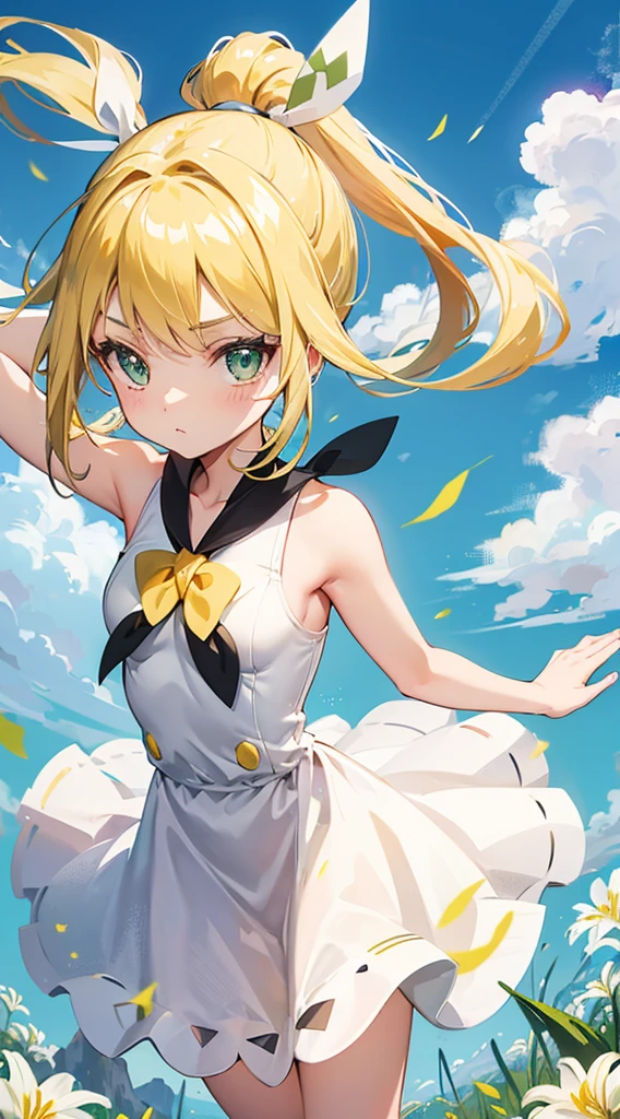 One Girl,Blonde,ponytail,Lily,Green Eyes,Pull your arms back,Be agile,Beautiful grassland,Good luck!、Lily,Pokémon,White Dress,Development,Veld&#39;s Eye,small ,Laughing with your mouth open,Beautiful grassland,Blushed,Close ~ eyes,Big smile,Best image quality,Tabletop,Highest quality