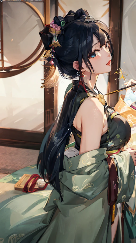 (((Highest quality､Ultra-high resolution､masterpiece: 1.2))), Highly detailed anime art style,Teen Style, (Off the shoulder,Earrings, sexy、The lavish interior of the Tang Dynasty harem), Detailed green hair, Detailed blue eyes, Symmetrical Eyes、Big complicated hairstyle, Long Hair,Sparkling eyes,like々Shii,hair accessory, チャイニーズEarrings着用, She has a hairpin on her head、Holding a kissel in his right hand, Bangs, Detailed lighting, Bright colors, Looking at the audience, Shots from 45 degrees above and to the left and right､Look forward､Stand in the center of the image､Cowboy Shot,Cat､Curvaceous､Big Tits､Big Ass､High-end kimono､Traditional Tang Dynasty Kimono、Deep red lipstick､Courtesan-style costume、