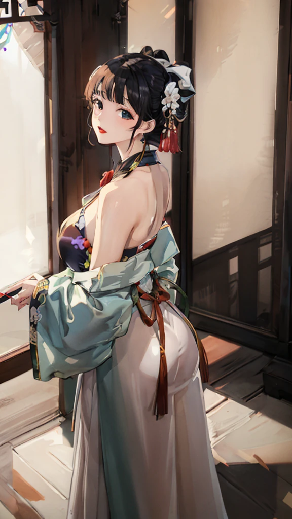 (((Highest quality､Ultra-high resolution､masterpiece: 1.2))), Highly detailed anime art style,Teen Style, (Off the shoulder,Earrings, sexy、The lavish interior of the Tang Dynasty harem), Detailed green hair, Detailed blue eyes, Symmetrical Eyes、Big complicated hairstyle, Long Hair,Sparkling eyes,like々Shii,hair accessory, チャイニーズEarrings着用, She has a hairpin on her head、Holding a kissel in his right hand, Bangs, Detailed lighting, Bright colors, Looking at the audience, Shots from 45 degrees above and to the left and right､Look forward､Stand in the center of the image､Cowboy Shot,Cat､Curvaceous､Big Tits､Big Ass､High-end kimono､Traditional Tang Dynasty Kimono、Deep red lipstick､Courtesan-style costume、