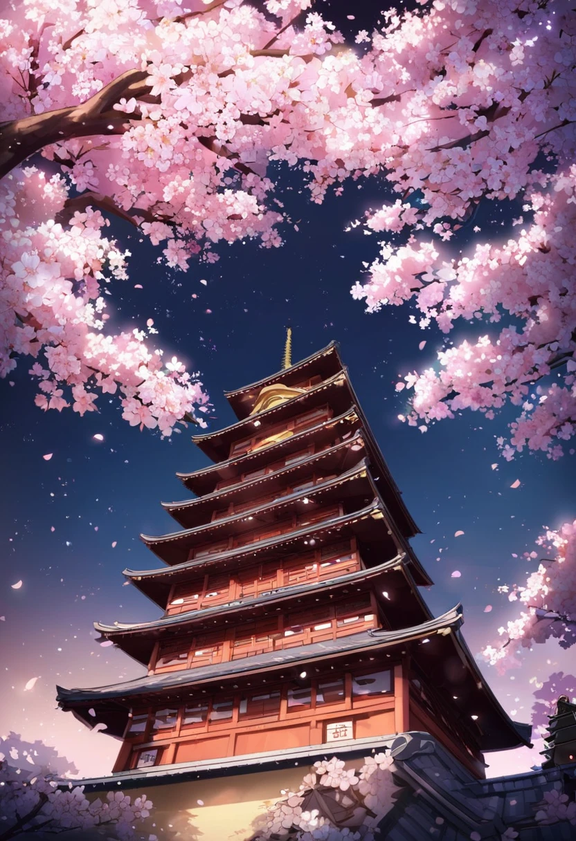 Kyoto、Looking down at the five-story pagoda、Moonlit night sky and cherry blossoms background