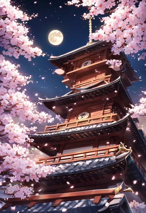 kyoto、looking down at the five-story pagoda、moonlit night sky and cherry blossoms background