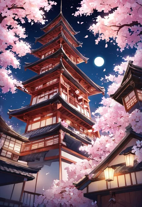 kyoto、looking down at the five-story pagoda、moonlit night sky and cherry blossoms background