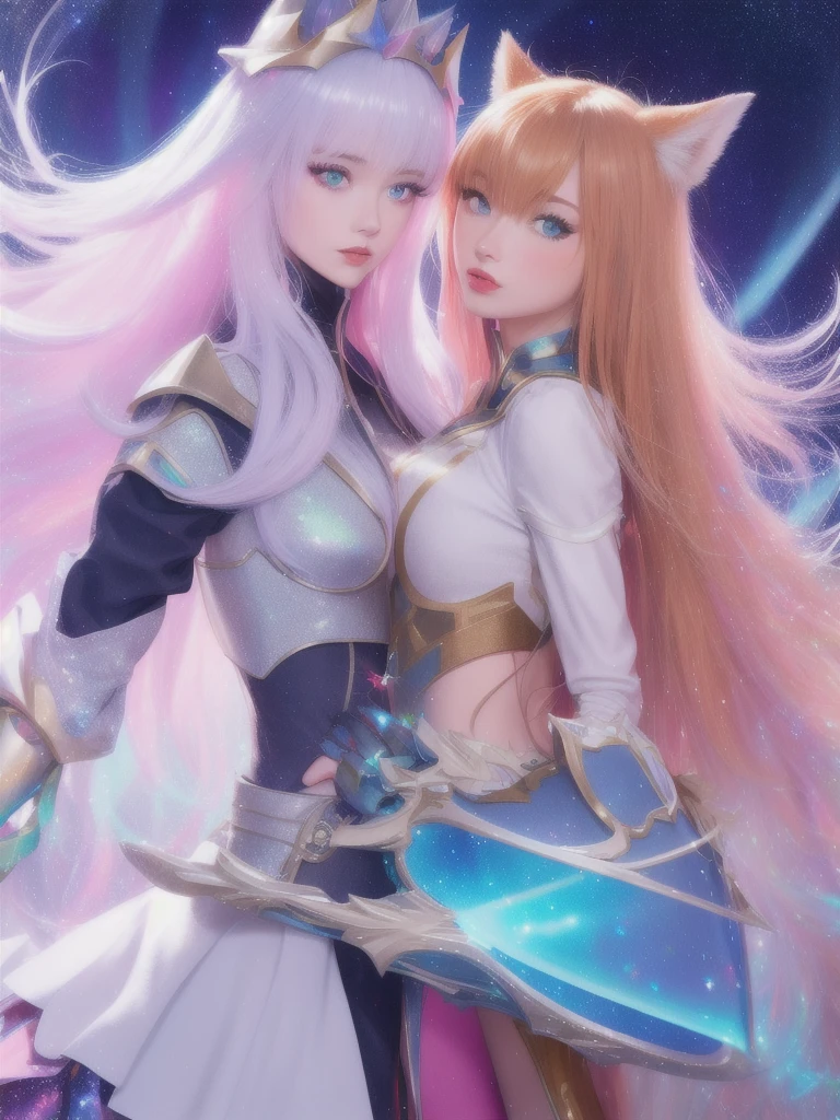 realistic, AMBER HEARD, Raphtalia ,The Resing of Them Shield Hero,holographic hair, heterochromic eyes, bright eyes, holo crop top, holo skirt, split lips, blush, night, white roses, pastels, glitter