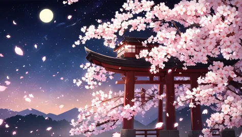 kyoto、moonlit night sky and cherry blossoms background