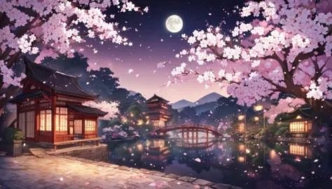 kyoto、moonlit night sky and cherry blossoms background