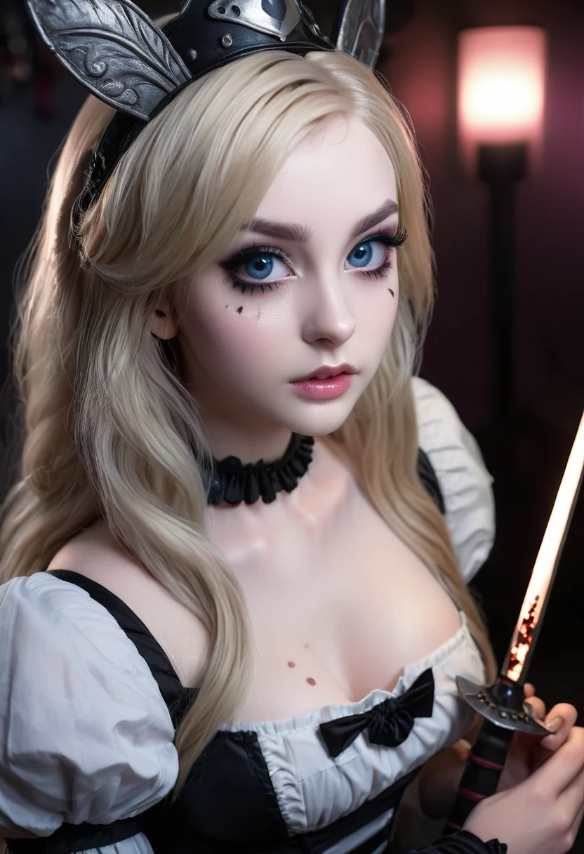 A young blonde girl with straight hair, detailed beautiful eyes, detailed nose and lips, long eyelashes, gothic dark eyeliner, damaged alice in wonderland style battle armor, revealing skin, carrying a knife, hiding behind a giant mushroom, (best quality,4k,8k,highres,masterpiece:1.2),ultra-detailed,(realistic,photorealistic,photo-realistic:1.37),fantasy,dark,moody,dramatic lighting,dramatic shadows,intricate details,highly detailed