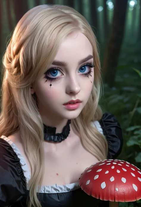 a young blonde girl with straight hair, detailed beautiful eyes, detailed nose and lips, long eyelashes, gothic dark eyeliner, d...