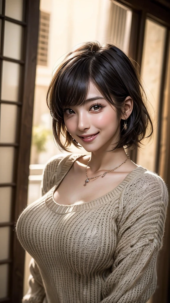 ((Beautiful Face:1.4)), (Purelos Face_v1: 1.0), (Highest quality, 8k, 32K, masterpiece, Ultra-high resolution:1.2),Beautiful Japanese Women Photos, Large Breasts, Very short bob hair,Upper Body,(Extra Large_sweater,:1.2) necklace, Simple Background, Look around,((Natural big breasts:1.0)),((smile))