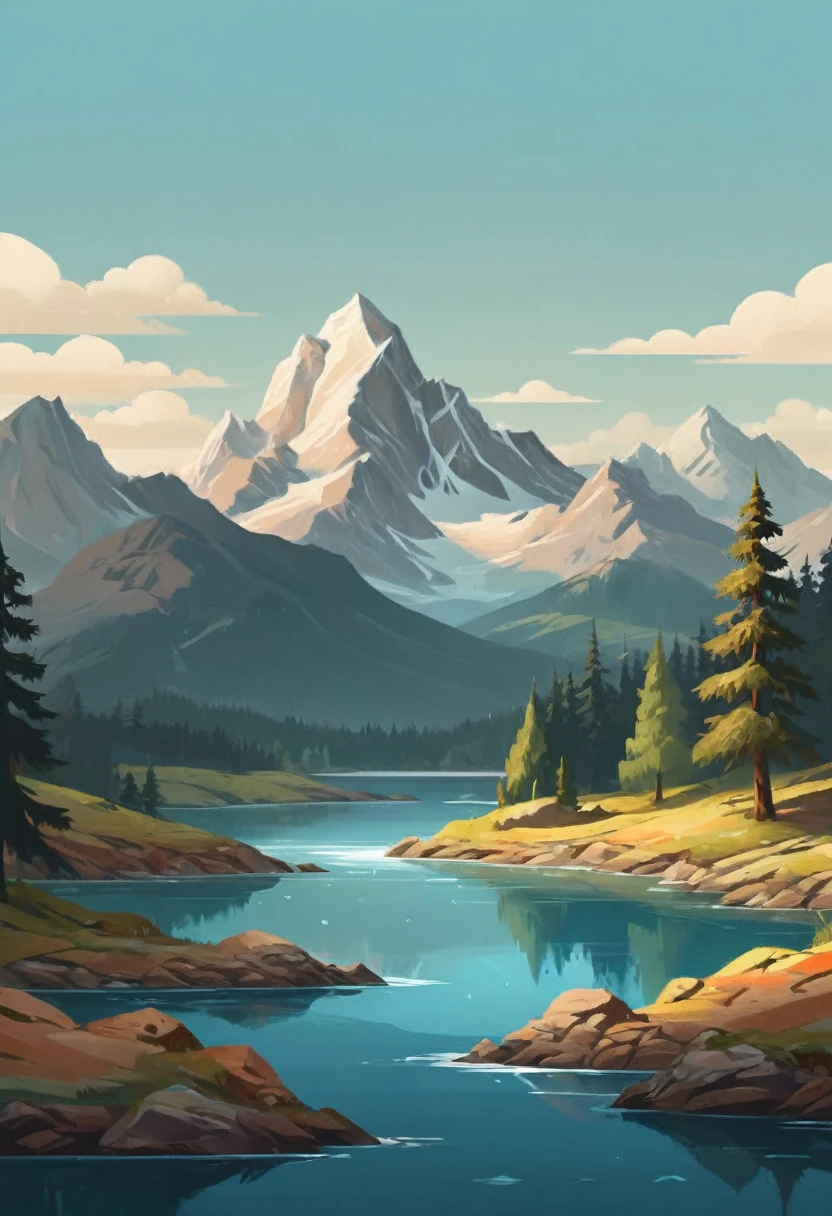 impressive painting of a mountain with trees and water, a detailed painting by Petros Afshar, shutterstock contest winner, environmental art, detailed painting, outlined art, 2d game art, isolated background for logo, strong contours, logo design
