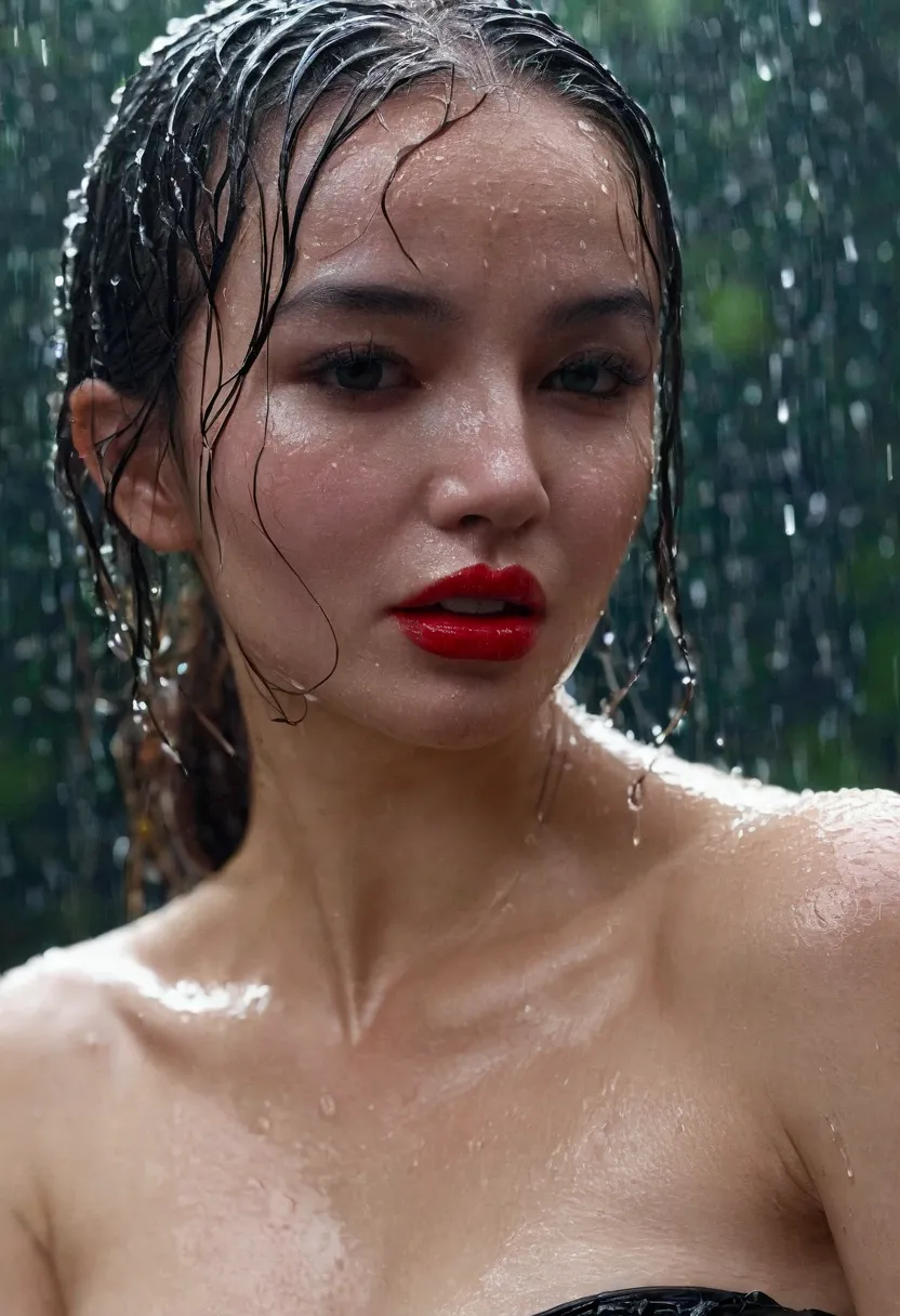 a hot lady, bare shoulder, sweaty skin droplets, shoulder off, red lips, wet hair