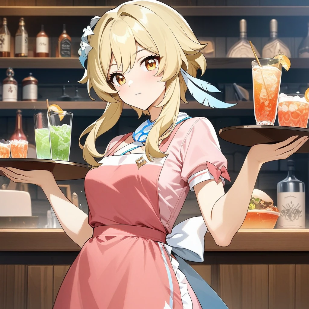 Lumine,  lumine from genshin impact, stylish pose, serving drinks, holding  tray of drinks, anatomically correct, 1girl, blonde, golden eyes, beautiful face, pink dress, apron, bar background, decorative, masterpiece, high quality, hd, 4k, upper body, genshin artstyle, 